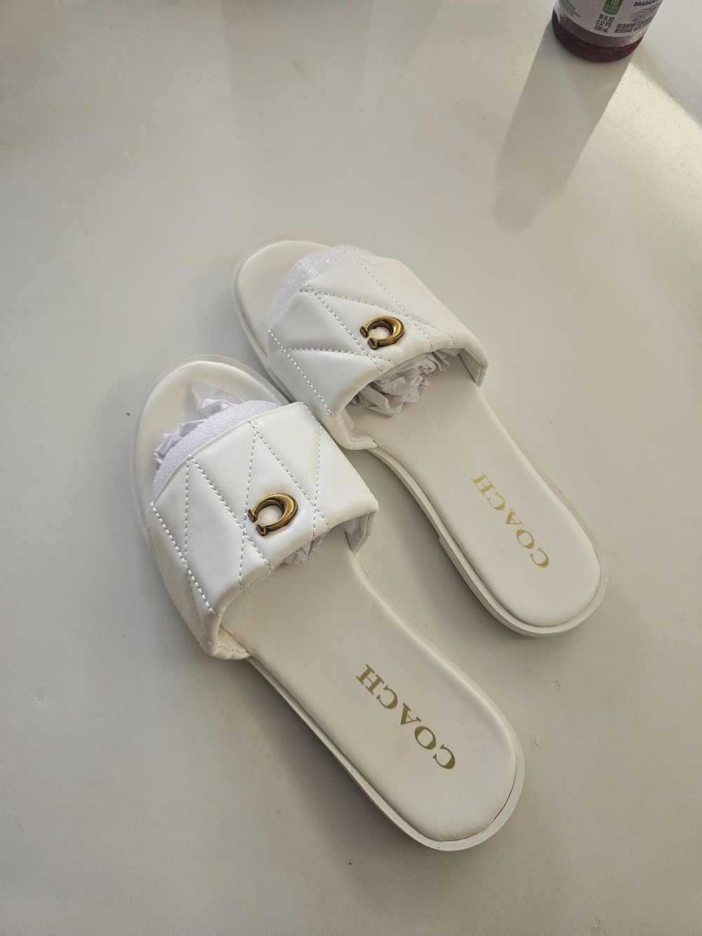 Coach Women's White Quilted Slide Sandals with Gold Accent - Picture 4 of 5
